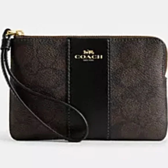 COACH Signature PVC Leather Corner Zip Wristlet w/Stripe in Walnut Brown & Black - Picture 13 of 15